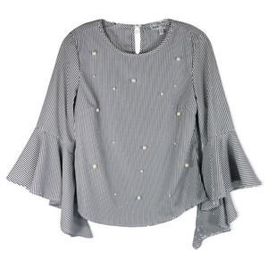 Kontrol Small Top Dramatic Bell Sleeve Black White‎ Stripe Pearl Bead Front 1283